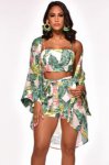 3pcs Swimsuit Bikini Set Women Cover Up Fashion Print Floral Sexy Swimwear Crop Top High Waist Bandage Bathing Suit Beachwear