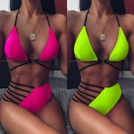 Pink and Neon Green Bikini Sets Sexy Lace Up Padded Cups Swimsuit Two Pieces Swimwear Women 2020 Beach Bathing Suits High Waist