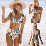 Summer Sexy Solid Bikini Tube Top Swimwear Women Ruffle Floral Print Bikinis High Waist Beachwear Brazilian High Cut Biquinis