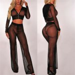 Sexy Women Beach Wear Summer Mesh Sheer Bikini Cover Up Long Sleeve Hooded Crop Top Pants Clothes Set Swimwear Beach Cover Up