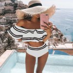 New Sexy Off Shoulder Ruffles Female Bikini Set Padded Push Up Bra High Waist Panties Bathing Suit Stripe Swimsuit Swimwear 2PCS