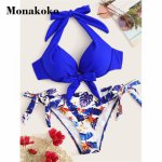 2019 Sexy Floral Bikini Woman Halter Bandage Low waist Two Piece Swimsuit Blue Push Up Backless Flower Strappy Padded Swimwear