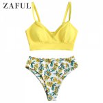 ZAFUL Women Bikini Plunge Surplice Floral Tankini Swimsuit Wire Free Solid Bra And Floral Briefs Sexy Bikini Bathing Suit