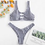 ZAFUL Sexy Swimsuit 2019 Plaid Women Bikini Set Beachwear Push Up Swimwear Female Thong Bathing Suit Hollow Gingham Out Bikini