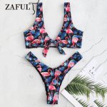 ZAFUL Flamingo Bikini Swimwear Women High Cut Swimsuit Sexy Plunging Neck Padded Thong Bikini Front Knot Biquni Bathing Suit