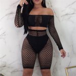 Women Bikini Cover Up Crochet Fishnet Sexy Party Night Clubwear Mesh Sheer Off Shoulder Crop Top Pants Beachwear Bathing Clothes