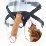 FAAK Strap on Silicone Realistic Penis Strapon Dildo Leather Belt Harness Double Layer Dick Sex Toys Suction Women Masturbator