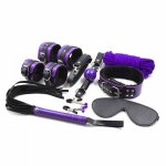 Adult 8pcs Nipple Clamp Handcuffs Whip Blindfold mouth plug Neckcuffs ankle Shackles rope Purple Leather Plush