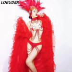 Nightclub Leading Dance Costume Sexy Red Beads Bikini Rhinestones Feathers Headdress Cloak Models Catwalk Performance Clothing