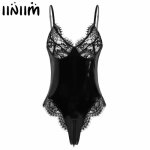 Women Hot One-Piece PVC Leather Lingerie Sissy Latex Catsuit Sexy Body Sheer Lace Cups Open Crotch Thong Teddy Bodysuit Clubwear