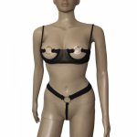 Black Sexy Women Open Cup Breast Harness Bikini Lingerie Metal Nipple Ring Bra Top and G-String Underwear