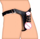 Leather Bondage Strapon Holder  Harness,Three buckles Strap Penis Panties.Strap On Male Chastity Belt Device