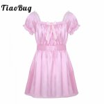 TiaoBug Men Short Sleeve Soft Satin Lace Crossdressing Sissy Lingerie Dress with Sash Nightwear Hot Sexy Gay Underwear Babydolls