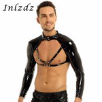 Mens Latex Top Lingerie Wetlook Leather Tank Top Long Sleeve Stand Collar Studded Muscle Half Tank Top Stage Sexy Costume Tops