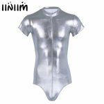 iiniim Mens Shiny Wetlook Holographic Leather Lingerie Bodysuit Nightclub Party Zipper Catsuit Sexy Latex Leotard Bodystocking