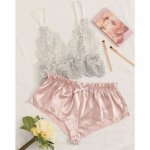 2PCS Women Sexy See-through Lace Silk Crop Top Deep V Neck Sling  Bra High waist Satin Briefs Sleepwear Lingerie Set Exotic Sets