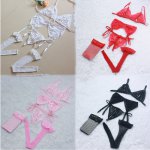 4PCS/set Exotic Accessories Underwear Women Bra Brief Sets Sexy Lace Open Crotch G-String + Bra + Net Socks + Sling Lingerie Set