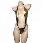 Sexy Women Leather Lingerie Metallic Shiny Gold Plunged Bikini Microkini Thong One-Piece Teddy Beach Wear