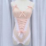 Japanese Cute Women Lace Print Bra Baby Doll Sexy Lingerie One Piece Erotic Nylon Bodysuit Underwear Teddies Nightwear Sleepwear