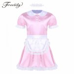 New Mens Sissy Girl Maid Dress Uniform Sexy Costumes Cosplay Clubwear Doll Neck Satin Dress with Headband and Apron for Gay Male