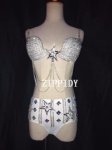 Sexy Sparkly Crystals Bikini Outfit Silver White Bra Short Rhinestones Party Two Pieces Set Dj Female Singer Performance Costume