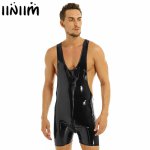 Men Adult Sexy Black Wet Look Leather Leotard Catsuit Sleeveless Deep U-neck Erotic Zipper Crotch Boxer Shorts Bodysuit Lingerie