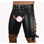 Faux Leather Open Cortch Short Men Sexy lingerie Pants latex leggings Clubwear Hot Erotic fetish pole dance Wear Lace Up Pants