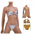 Mosaic Gold Bikini 2 PCS Set Women Faux Leather Exotic Lingerie Bandage Biquini Swimsuit Shiny Sexy Sukumizu PU T-Back Gstring