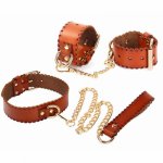 Erotic Handcuffs Neck Rings BDSM Couples Femdom Genuine Leather Dog Slave Games Traction Metal Chains Adults Fetish Sex Toys