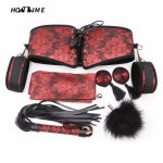 2019 New BDSM Bondage 6 Piece Suit Couples Adult Sex Toy Jacquard Cloth PVC Nipple Sticker Whip Restraint Fetish Cosplay HOTTIME