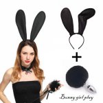 Rabbit Ear+tail Anal Plug Soft Fur Sex for Game and Party Princess silicone dildo vibrator massager (10 speed vibrator)