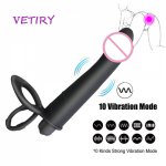 VETIRY Double Penetration Vibrator Strap On Penis Strap-on Dildo Vibrator Silicone Anal Butt Plug for Man 10 Speed Sex Toys