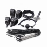 5pcs Black Genuine Leather Bondage Kits Restraints Bdsm Set Sex Handcuffs Ankle Whip Collor Rope Silicone Mouth Gag Erotic Toys