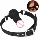 Silicone Realistic Dildo Gag with Ball,Adult Sexy Flirting Gag, Adjustable Strap on Mouth Gag for SM (Black)