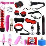 20 Pcs Sex Toys for Woman Adult Games Handcuffs Whip Mouth Gag Rope Metal Butt Plug Bdsm Bondage Set Bead Anal plug Vibrator