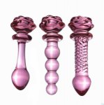 Pink Rose Flower Glass Dildos Prostate G SPOT Massager Crystal Anal Beads Butt Plug Glass Dildo For Women