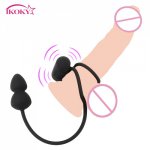 Ikoky, IKOKY Climax Male Prostate Massager Silicone Double Cock Ring Anal Butt Plug Vibrating Penis Ring Penis Delay Ejaculation