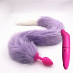 Fox, 2 Pcs/Lot Vibrator And Long 80cm Purple And White Fox Tail Anal Plug Metal Sex Toy Anal Toys Sex Toys for Woman Men Sexy Adult