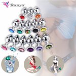 Runyu Medium Size Metal Anal Plug for Men 14 Jewel Colors Butt Plug Aluminium Alloy Anal Plug for Women Men Sex Toys Sex Shops