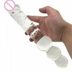 30*5.2mm Huge Crystal Glass Dildo+3 Anal Beads Big Particles Stimulate Double-Headed Glass Anal Dildo Realistic Dildos For Woman