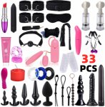 34PCS Adult Under Bed Sex Toys Games Couples Vibrator Slave Collar Ankle Handcuffs BDSM Kit For Men Womens