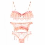 Sexy Bra and Thongs Pajamas Lingerie Set with Garter Women Lace Ruffles Transparent Temptation Applique Intimates Underwear