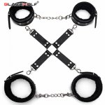 BLACKWOLF Leather BDSM Kits Plush Sex Bondage Set Handcuffs Ankle Cuffs With Cross Sex Toys For Couples Games Exotic Accessories