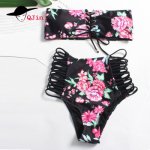 2018 Sexy printing Push Up Bikini Set Bandage Print Swimwear Women Beach Bathing Suit Print Flower High Waist Brazilian Bikinis