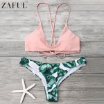 Zaful Cami Bralette Palm Leaf Print Low Waist Bikini Set Push Up Swimwear Women Summer Beach Bikini Brazilian Sexy Biquini