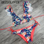 2017 Sexy Ladies V Neck Floral Hollow Out Thong Biquini Ruffled Swimsuit Printed Swimwear Bikinis Women Brazilian Bikini set 
