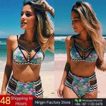 New 2017 Sexy Women Push-up Paded Bikini Set Bandage High Waist Swimsuit Printed Swimwear Larger Beachwear Global Free Shipping