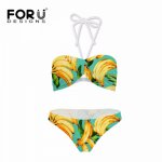 FORUDESIGNS Cute Yellow Banana Bandage Women Bikinis Summer Beachwear Bow Palm Leaves Print Swimsuit for Girls Sexy Water Sport