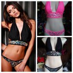 2015 New arrival top sexy forever diamond swimwear two pieces black and pink swimsuit bikini