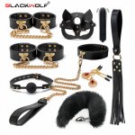 BLACKWOLF Sex Toys For Women BDSM Bondage Kits Genuine Leather Restraint Set Handcuffs Collar Gag Vibrators Couples Adult Games